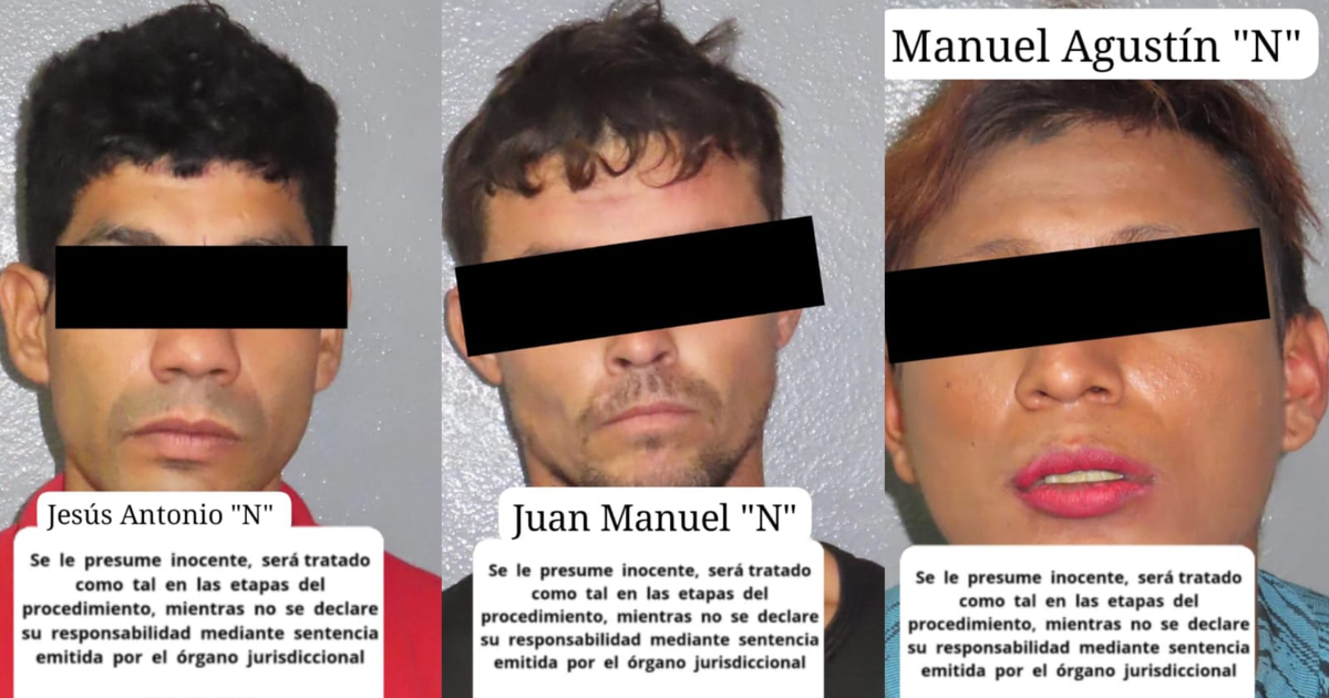 Tres detenidos en Mazatlán con ojos cubiertos por rectángulos negros, enfrentan cargos por presunto robo.