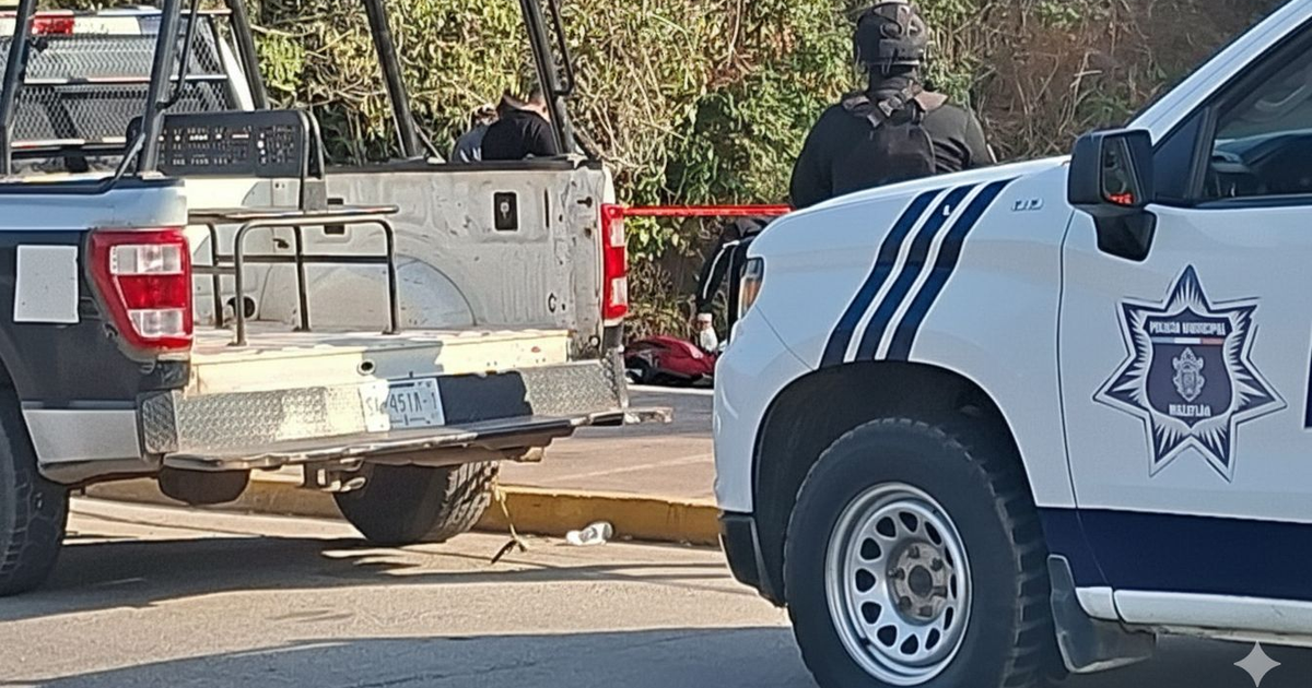 Camionetas de policía y oficial en operativo de Mazatlán con cinta roja señalando la zona acordonada.