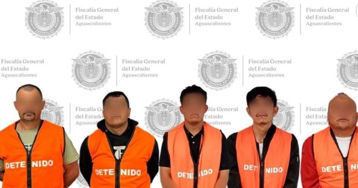 Detenidos en el operativo contra célula criminal en Aguascalientes, alineados con chalecos de detenido.