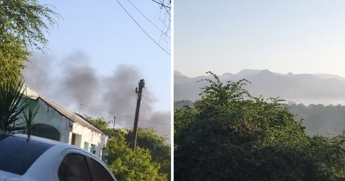 Imagen de humo en un entorno urbano a la izquierda y montañas con vegetación a la derecha, representando el contraste entre la vida urbana y natural en Sinaloa durante un incidente de seguridad.