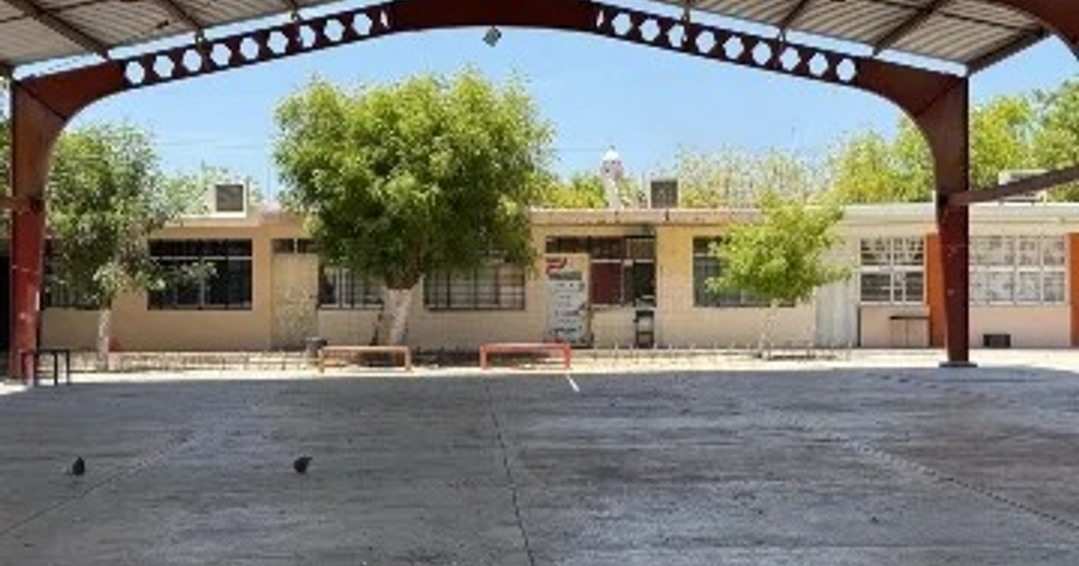 Patio escolar en Escuinapa con techo metálico y árboles verdes