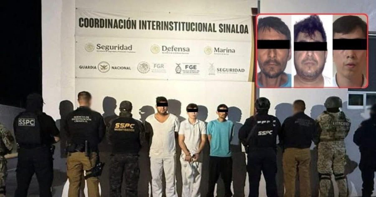 Grupo de personas, incluidos agentes de seguridad, frente a un cartel que indica 'Coordinación Interinstitucional Sinaloa', en relación con la detención de 5 kilos de fentanilo.