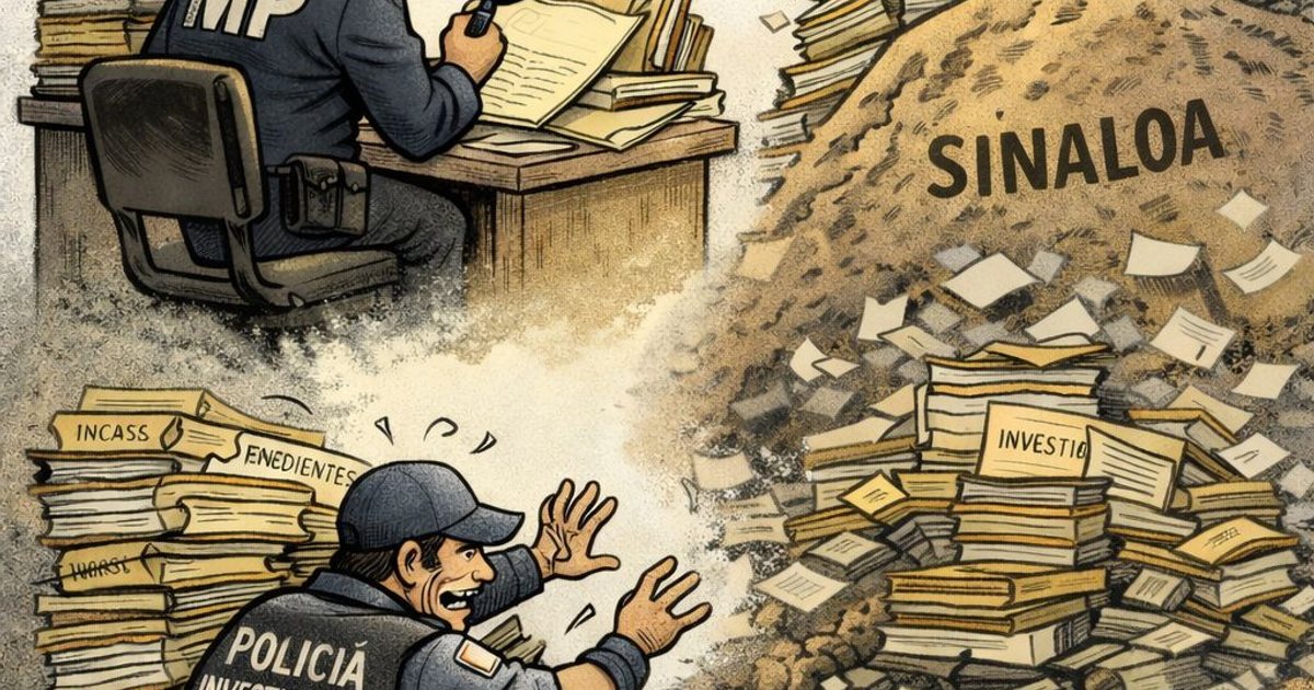 Agente del MP abrumado por expedientes en una caricatura sobre Sinaloa