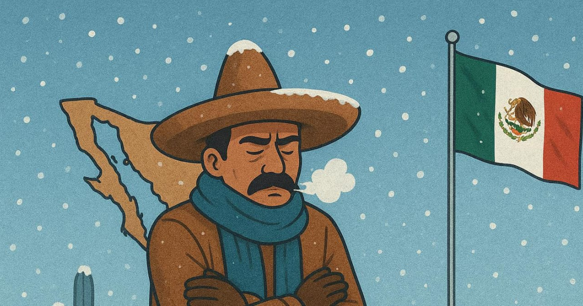 Un hombre con sombrero y bufanda frente al mapa de México en un día nevado, representando el frente frío 17 en Sinaloa.