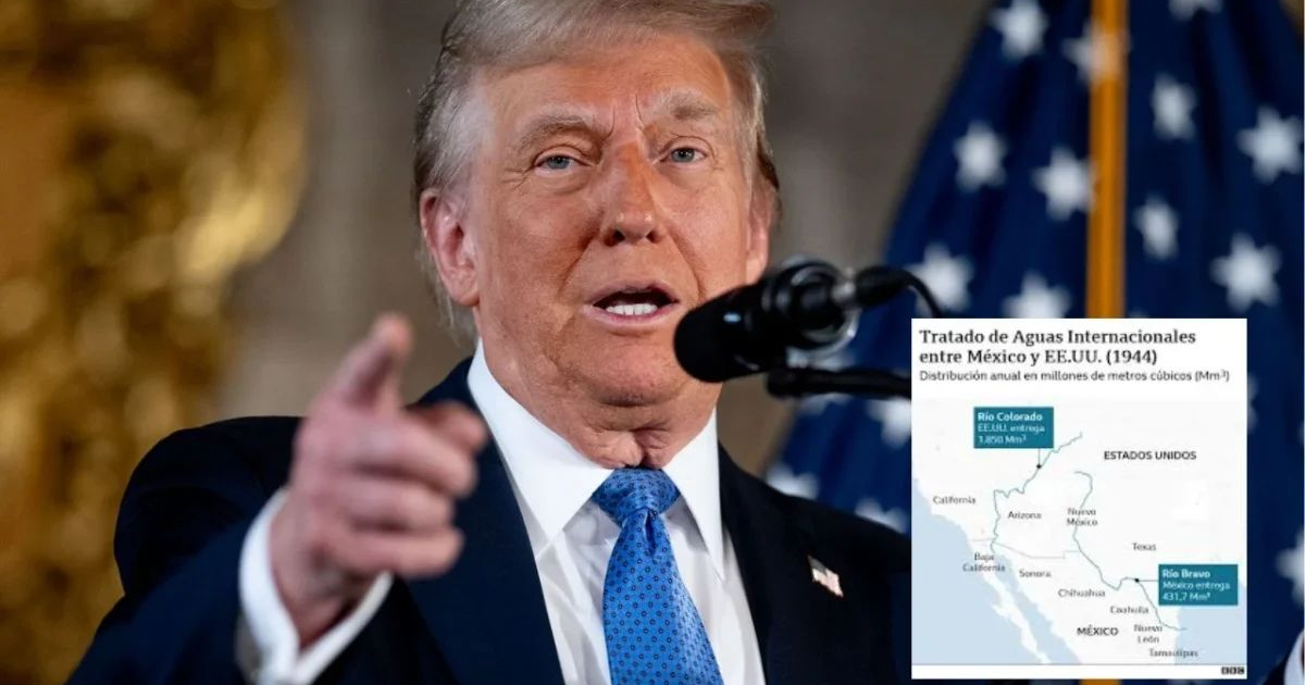Hombre dando discurso sobre Tratado de Aguas EE.UU.-México con bandera estadounidense y gráfico.