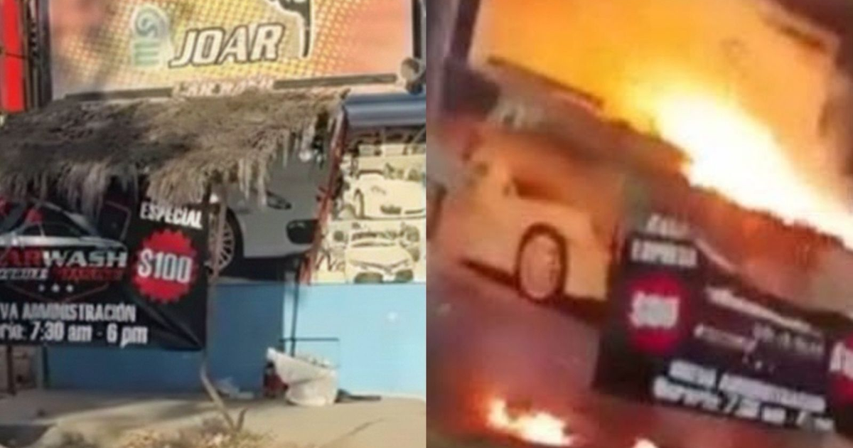 Imagen de un lavado de autos en Culiacán con precio y horario, al lado un auto en llamas, insinuando un incendio.