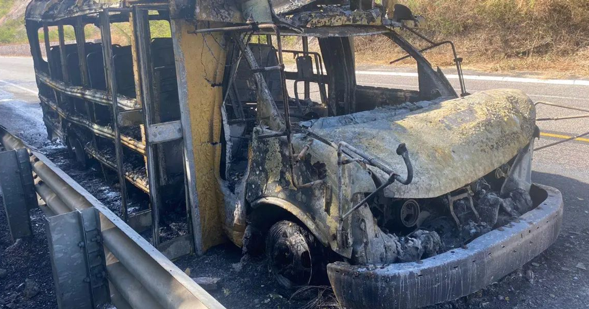 Autobús amarillo consumido por un incendio en carretera rodeada de vegetación.
