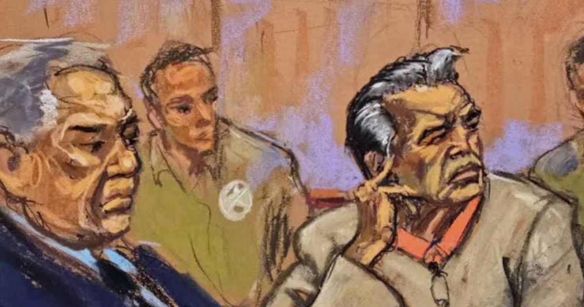 Ilustración de un entorno judicial con varios hombres, destacando en contexto la sentencia de Ismael 'El Mayo' Zambada.