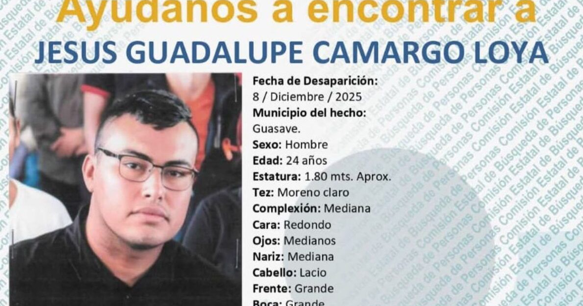 Cartel de búsqueda de Jesús Guadalupe Camargo Loya, desaparecido en Guasave, Sinaloa, el 8 de diciembre de 2025.