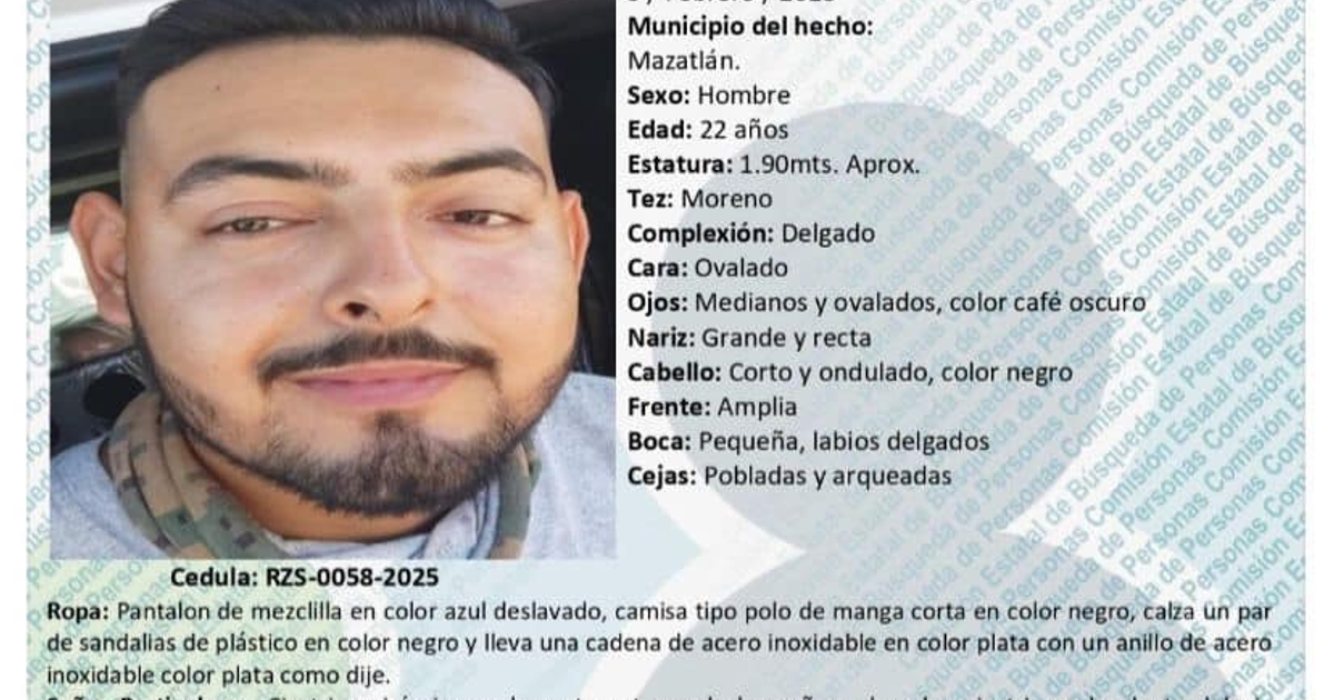 Ficha de búsqueda para Johan Antonio Lizárraga López, desaparecido en Mazatlán.