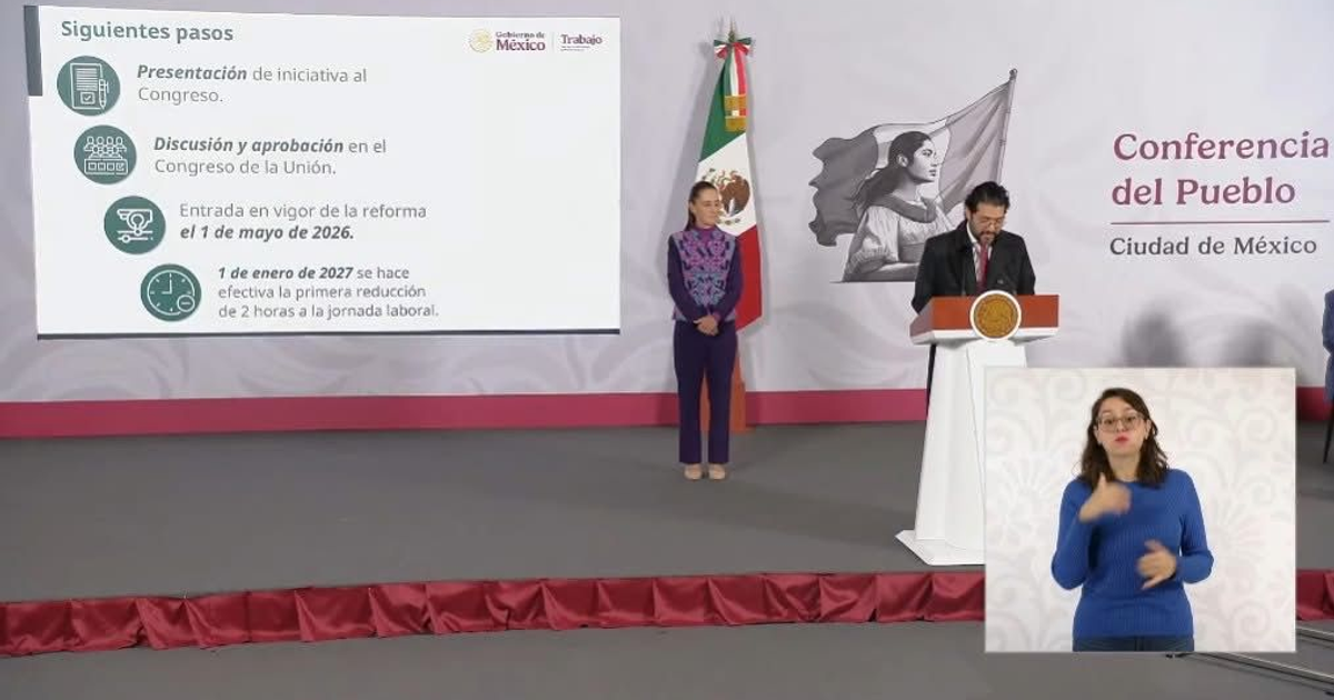 Presentador en conferencia sobre reforma laboral de 40 horas en México, con bandera, mural y pantalla informativa.