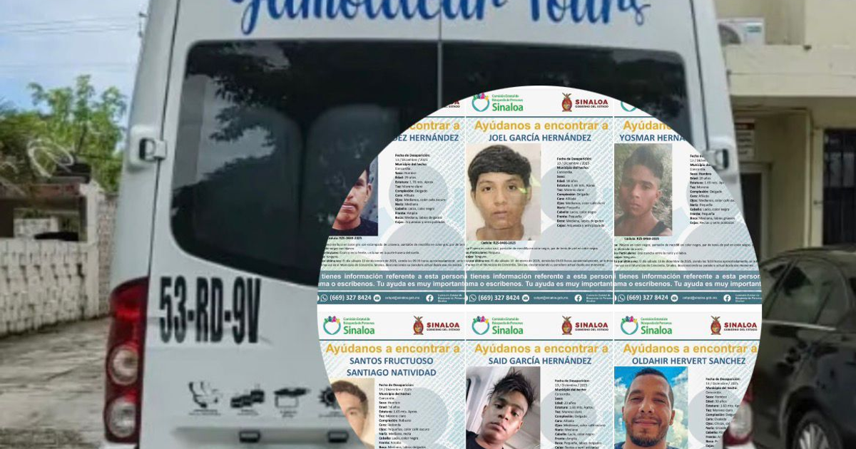 Trasera de la furgoneta "Jamonelcar Tours" con carteles de personas desaparecidas en fondo blanco