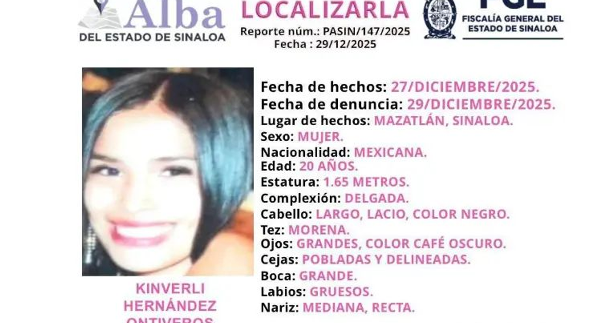 Cartel de búsqueda de Kinverli Hernández Ontiveros por la Fiscalía de Sinaloa.