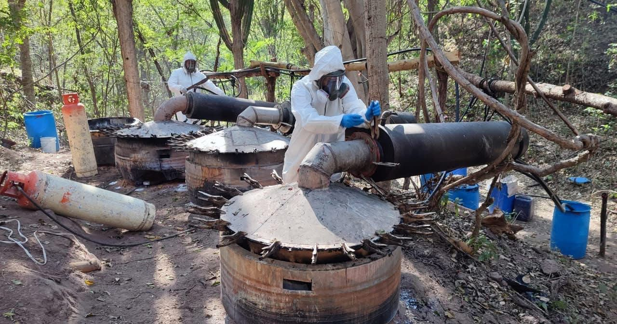 Laboratorio clandestino descubierto en Corral Viejo, con estructuras cilíndricas, equipos de destilación y personal en trajes de protección en un entorno boscoso.