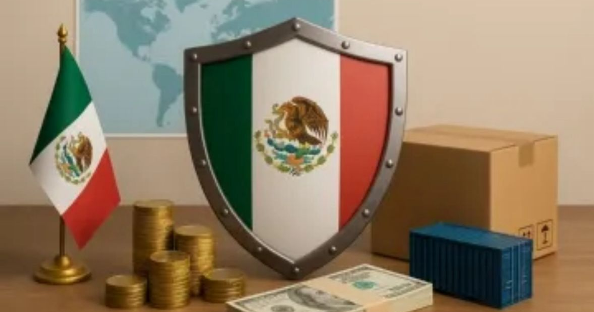Bandera mexicana y elementos económicos simbolizando la economía y comercio de México.