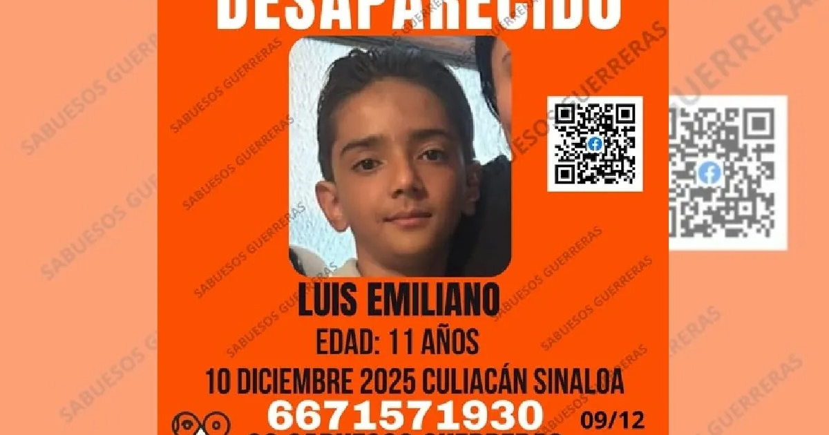 Cartel de búsqueda de Luis Emiliano, niño desaparecido en Culiacán, Sinaloa en diciembre de 2025.