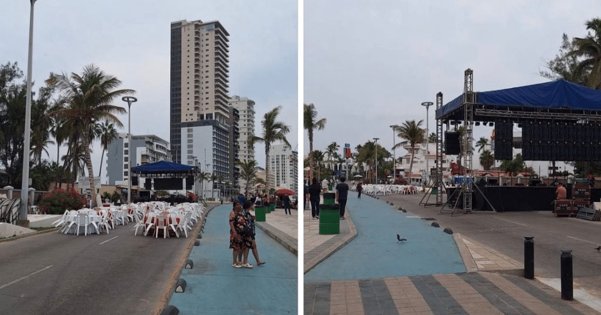 Vista del Malecón de Mazatlán listo para el evento de Año Nuevo 2026, con mesas y un escenario