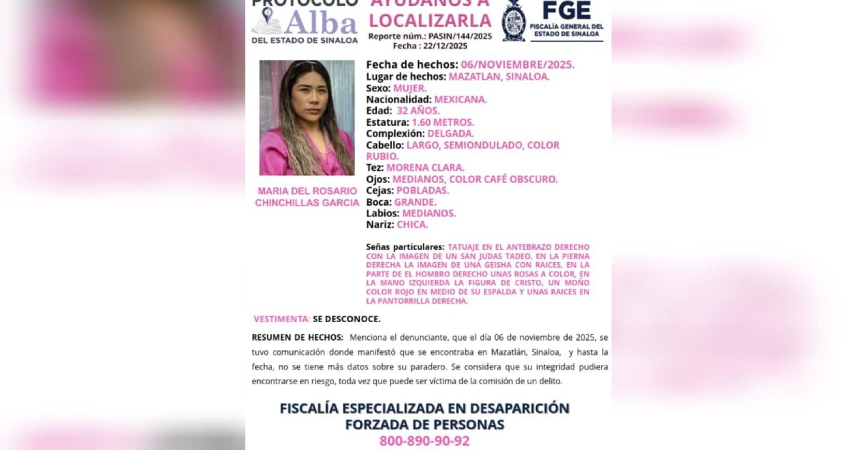 Foto del Protocolo Alba para localizar a María del Rosario en Mazatlán, Sinaloa.