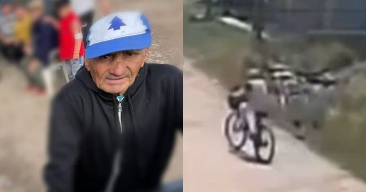 Hombre mayor con gorra y chaqueta, y ciclista en el camino, José C. Paz, Buenos Aires