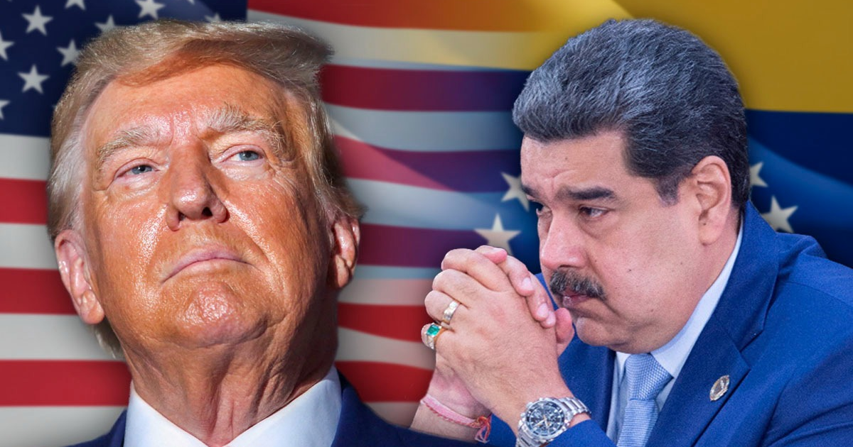 Imagen de tensión política entre Trump y Maduro con banderas de EE.UU. y Venezuela de fondo.