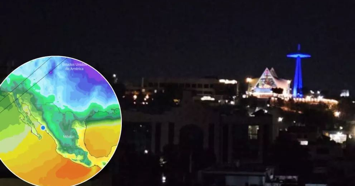 Panorama nocturno urbano con mapa térmico de México destacando la influencia del frente frío 21.