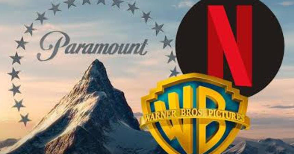 Logotipos de Paramount, Netflix y Warner Bros. en un contexto de adquisiciones empresariales en el sector de entretenimiento.