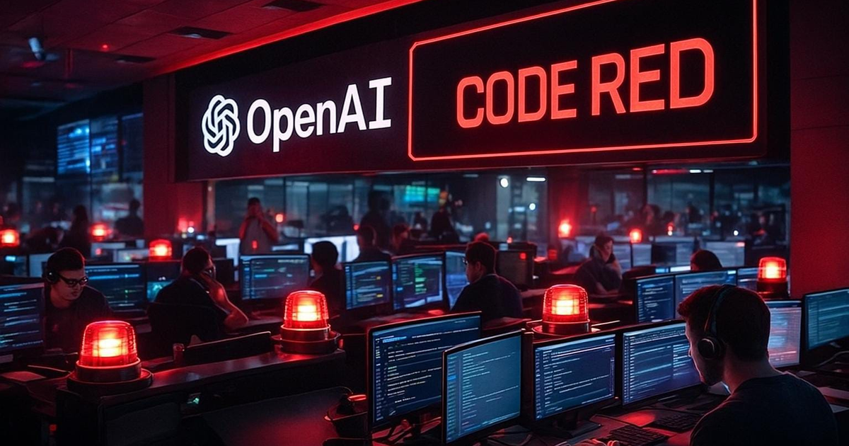 Empleados de OpenAI trabajando bajo 'código rojo', con señal luminosa de 'OpenAI CODE RED' y ambiente con luces rojas intermitentes.