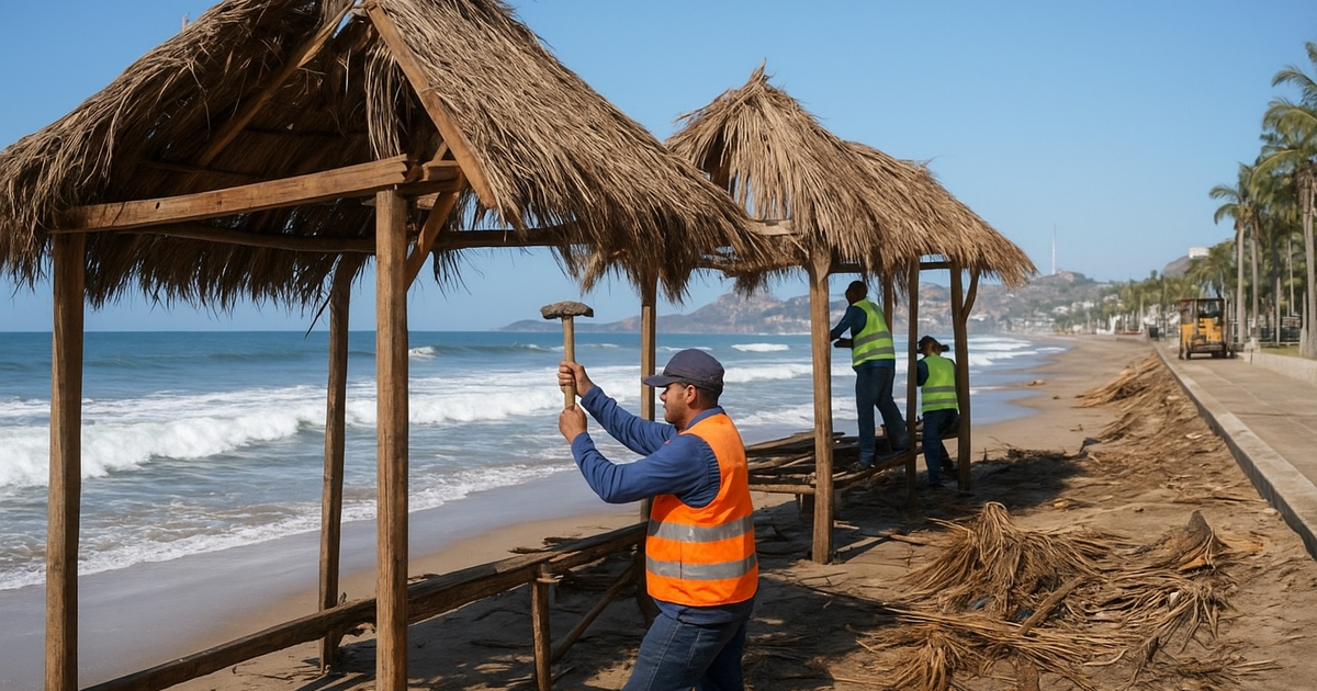 Trabajadores reconstruyen palapa en la playa de Mazatlán después de huracán Priscilla.
