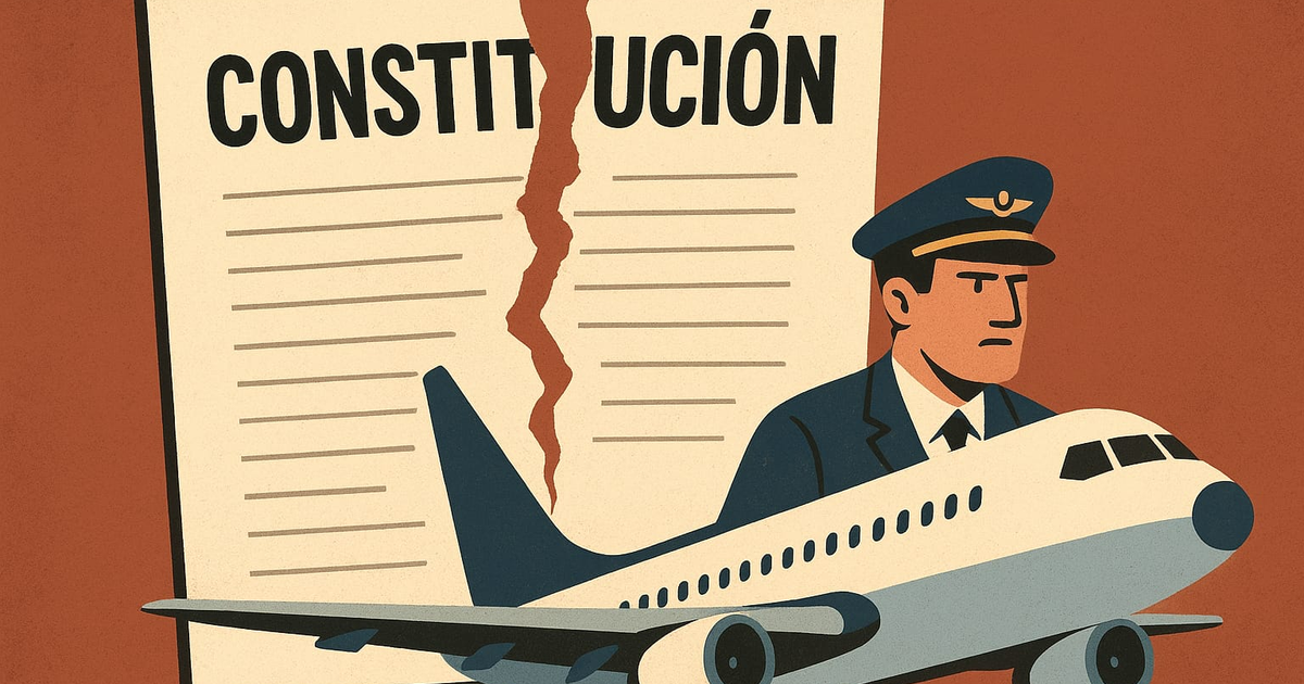 Piloto con avión frente a Constitución rasgada, simbolizando el conflicto legal en la aviación mexicana.