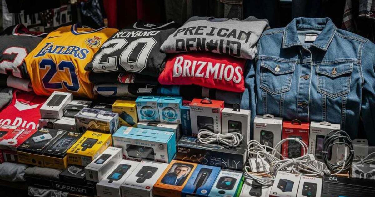 Variedad de productos incluyendo camisetas y electrónica en exposición