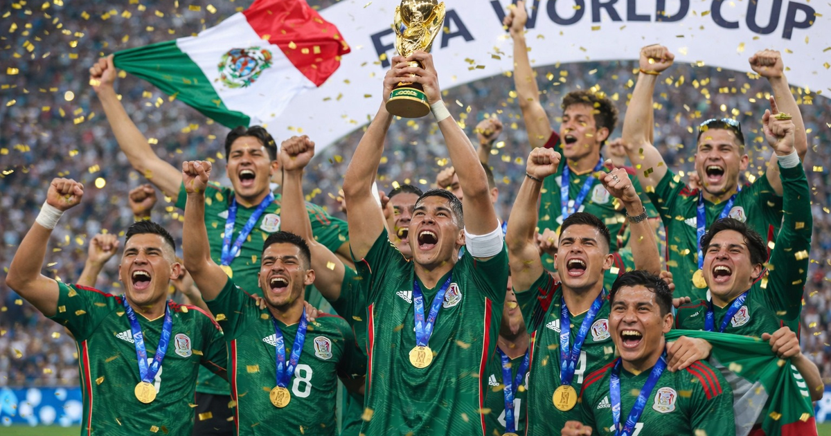 Equipo mexicano de fútbol celebrando con trofeo y medallas.