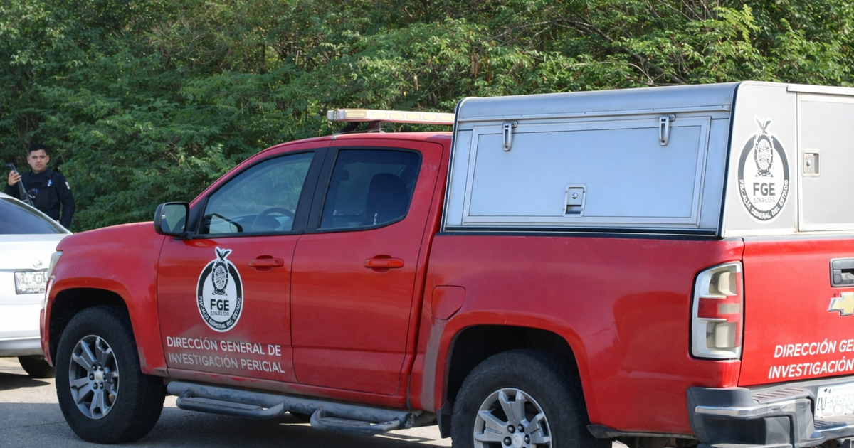 Camioneta roja pericial y oficial en investigación en Mazatlán, rodeados de vegetación.
