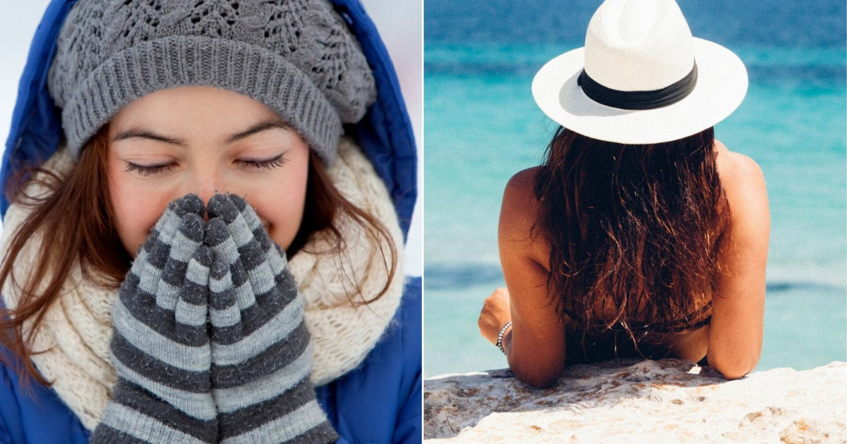 Persona abrigada en clima frío y otra en la playa disfrutando del calor, mostrando el contraste de temperaturas en Sinaloa.