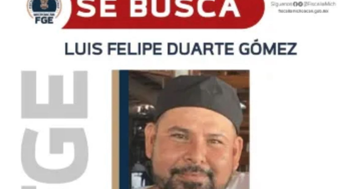 Cartel de búsqueda de Luis Felipe Duarte Gómez por la Fiscalía de Michoacán, con logotipo oficial y detalles del sospechoso
