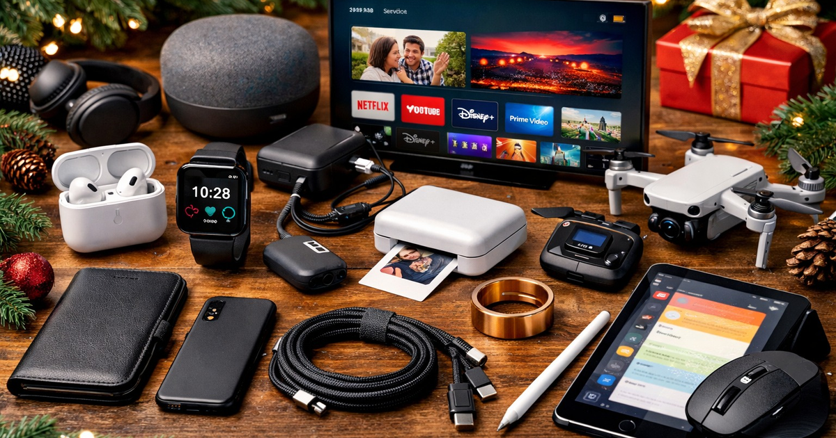 Varios gadgets y dispositivos tecnológicos sobre mesa de madera con decoración navideña.