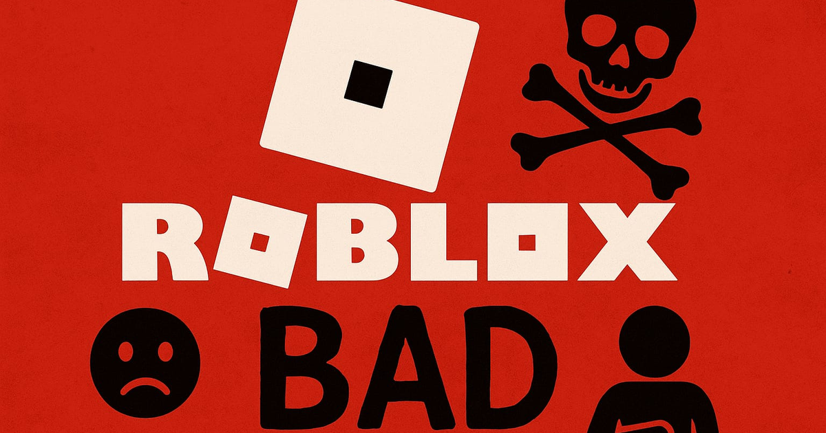 Imagen con fondo rojo y texto 'ROBLOX BAD' y varios íconos negativos, relacionada con críticas a Roblox por cuestiones de seguridad infantil.