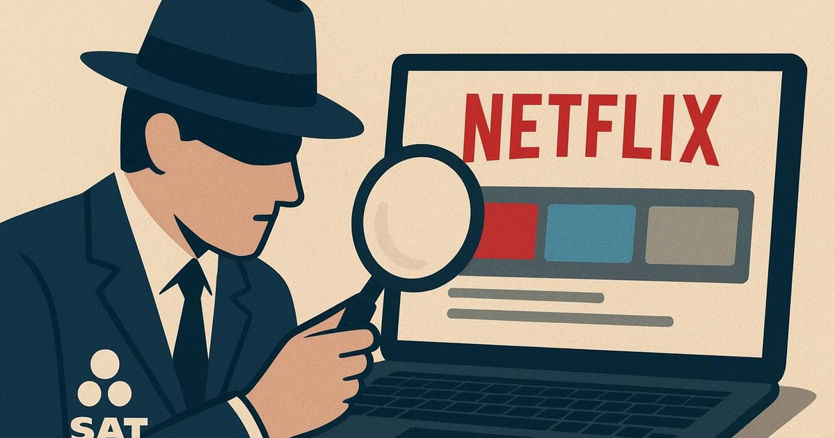Ilustración de detective investigando a Netflix en relación con la normativa fiscal del SAT.