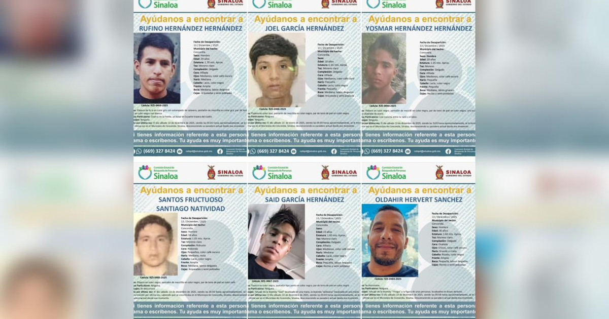 Collage de carteles de personas desaparecidas en Sinaloa, México con datos de contacto para información.