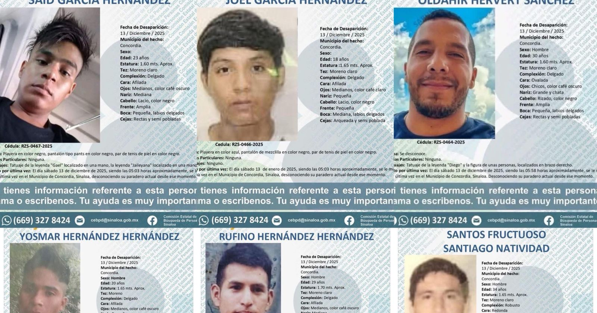 Fichas informativas de seis personas desaparecidas en Concordia, Sinaloa, con detalles personales y contactos para información.