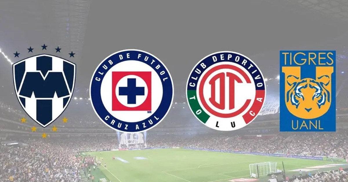 Logotipos de Monterrey, Cruz Azul, Toluca y Tigres UANL en un estadio repleto.