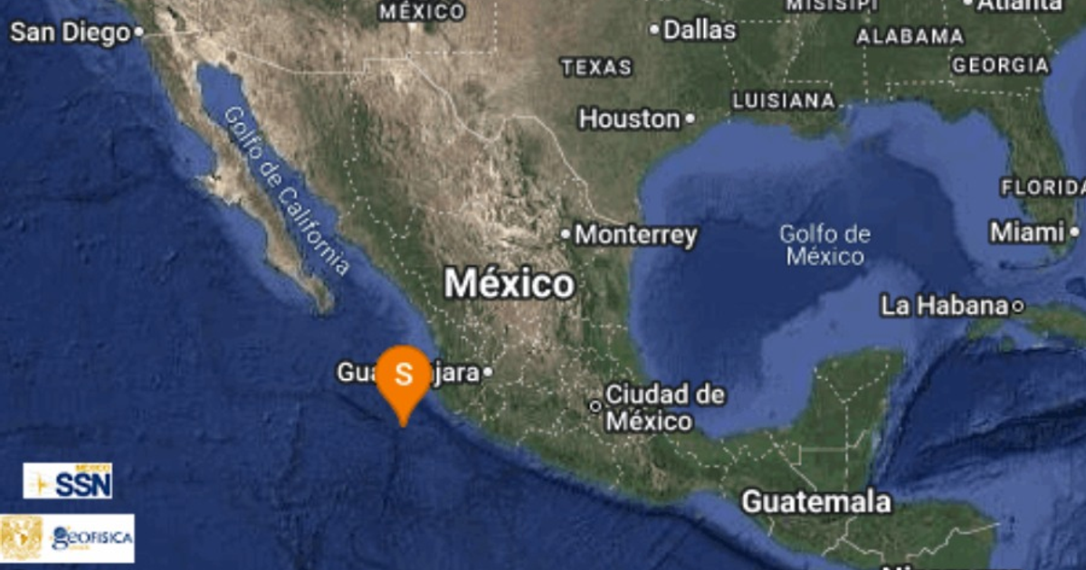 Mapa de parte de México mostrando el Golfo de California y ciudades importantes como Guadalajara y Ciudad de México. Incluye un marcador indicando el epicentro del sismo de Cihuatlán del 5 de diciembre de 2025.