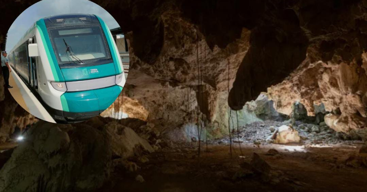 Imagen del Tren Maya combinada con el interior de una cueva, simbolizando la fusión de tecnología y naturaleza en el contexto del proyecto.