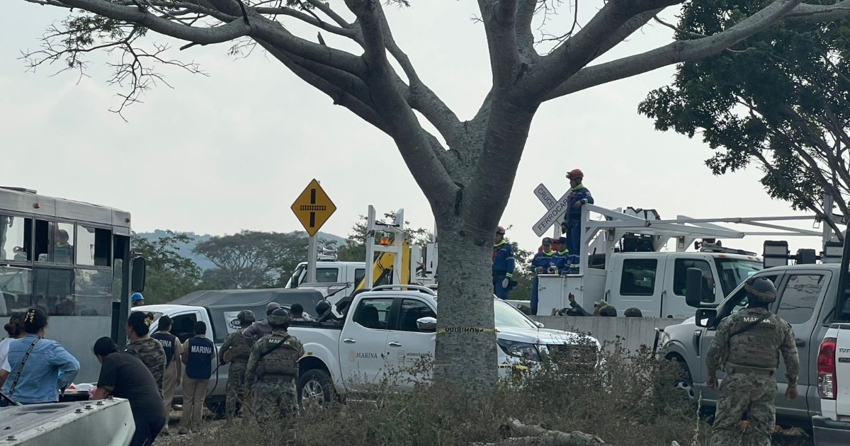 Vehículos de seguridad y personal en operativo tras descarrilamiento de tren en Oaxaca
