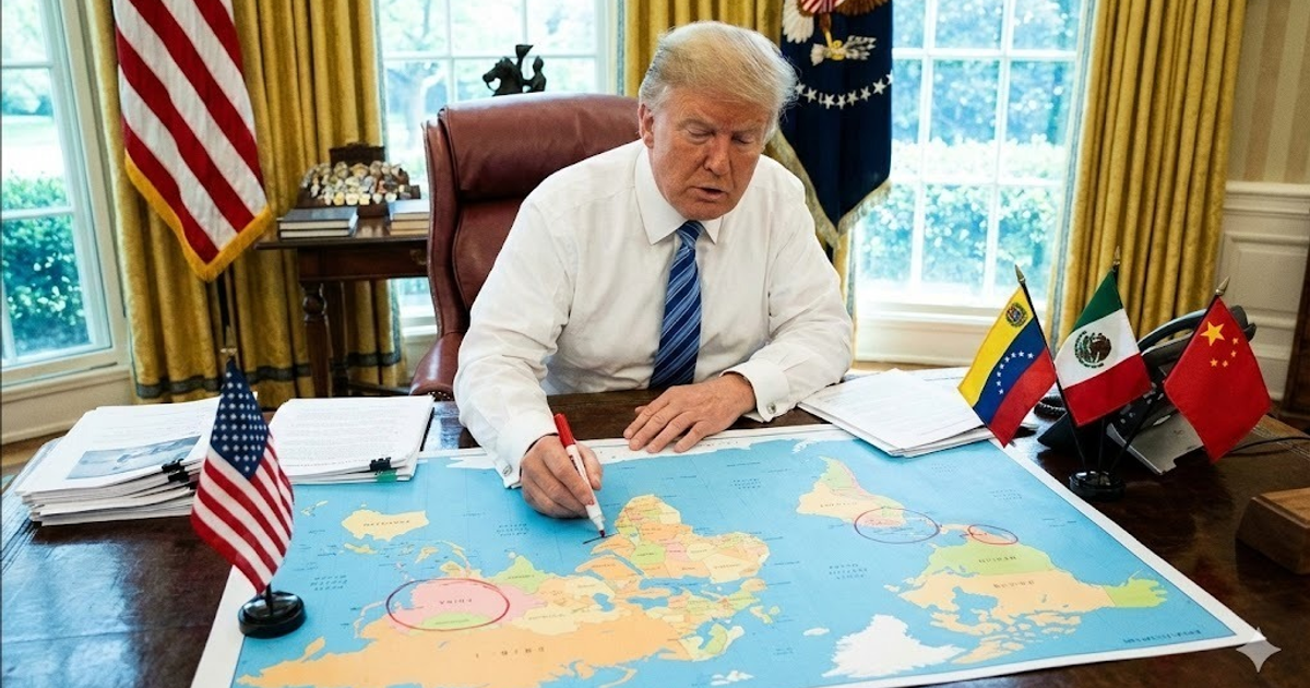 Persona en escritorio con bandera de EE. UU., marcando mapa con banderas internacionales, luz natural de fondo.