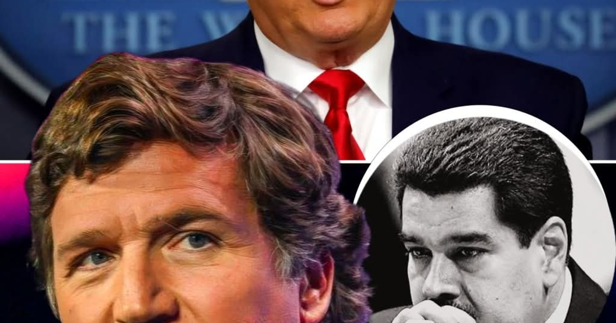 Collage de tres personas: figura central hablando en conferencia de prensa, junto a dos rostros pensativos. Relacionado con declaración de Tucker Carlson sobre posible guerra.