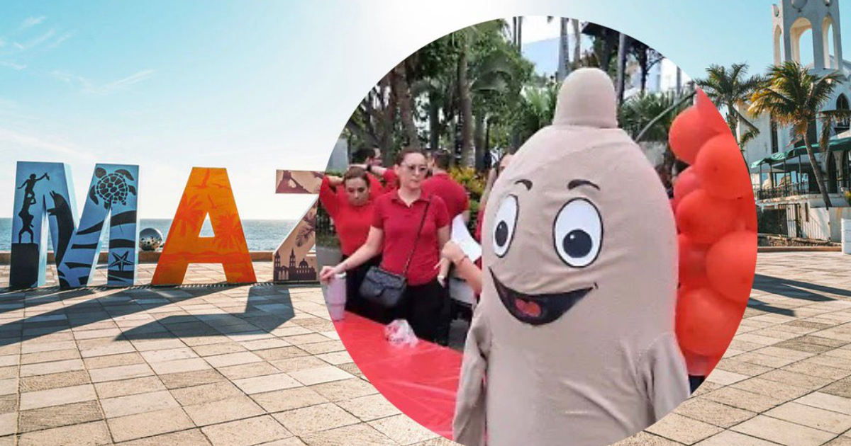 Personaje alegre en fiesta en Mazatlán con letras 'MAZ', gente festiva, globos, y mar al fondo, promoviendo prevención del VIH.