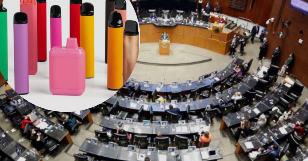 Dispositivos de vapeo junto a un salón legislativo durante un debate.