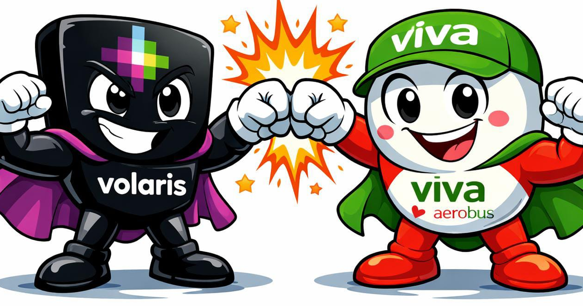 Personajes animados de Volaris y Viva Aerobus chocan los puños en celebración de su futura fusión