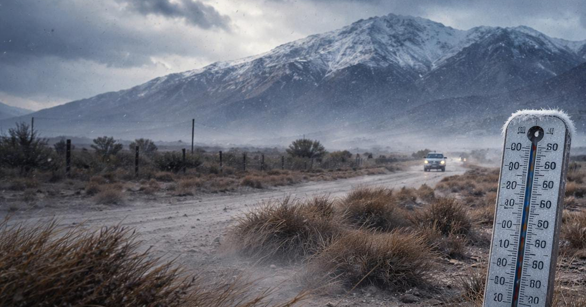 Paisaje montañoso con camino de tierra y termómetro, clima frío y ventoso.