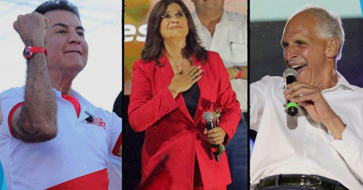 Tres figuras políticas en un evento electoral en Honduras, 2023